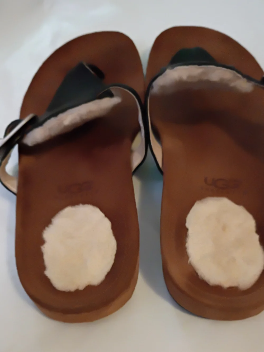 UGG Black Leather Shearling-Trim Thong Sandals with Brown Footbed